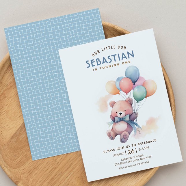 Teddy bear pastel balloon Beary first birthday Invitation (Creator Uploaded)