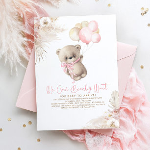 Teddy Bear Pastel Brown Pink Boho Girl Baby Shower Invitation