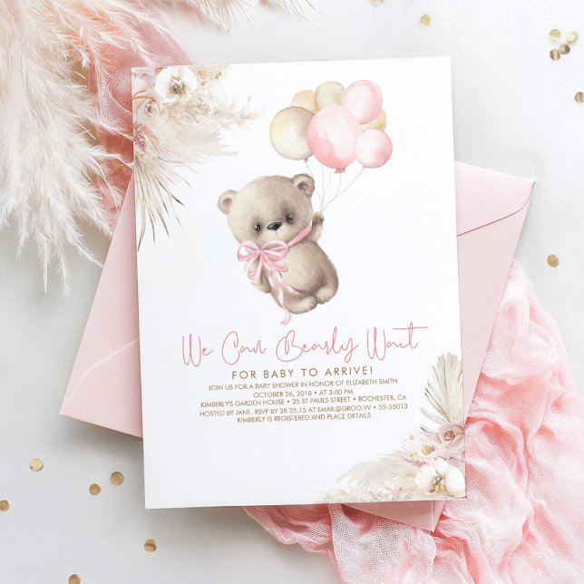 Teddy Bear Pastel Brown Pink Boho Girl Baby Shower Invitation (Teddy Bear Girl Baby Shower Invitations)