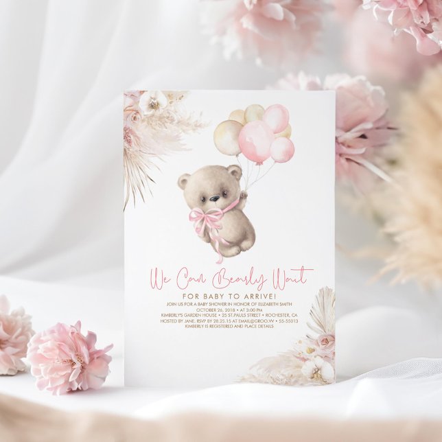 Teddy Bear Pastel Brown Pink Boho Girl Baby Shower Invitation (Bear Girl Baby Shower Invitations - We Can Bearly Wait)