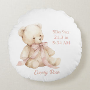 Teddy Bear Pastel Champagne Gold Baby Girl Birth Round Cushion