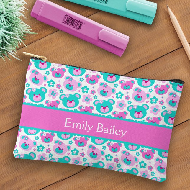 Teddy bear patterned pink aqua name pencil case accessory pouch (Creator Uploaded)