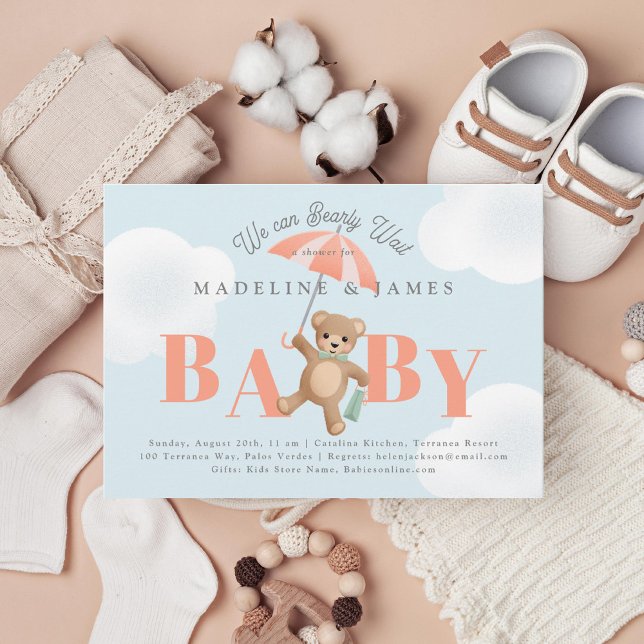 Teddy Bear Peach Blue Bearly Wait Baby Shower Invitation (Creator Uploaded)