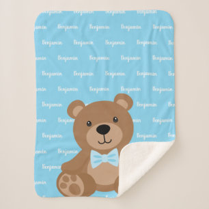 Teddy Bear Personalised Blue Name Boy Sherpa Blanket