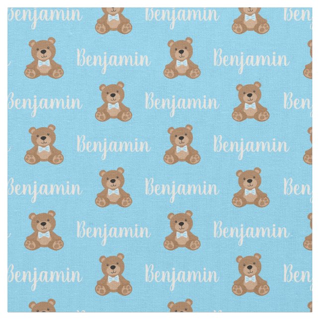 Teddy Bear Personalised Blue Name Fabric (Close Up)