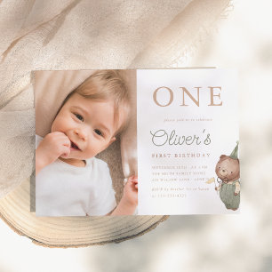 Teddy Bear Photo First Birthday Party Invitation