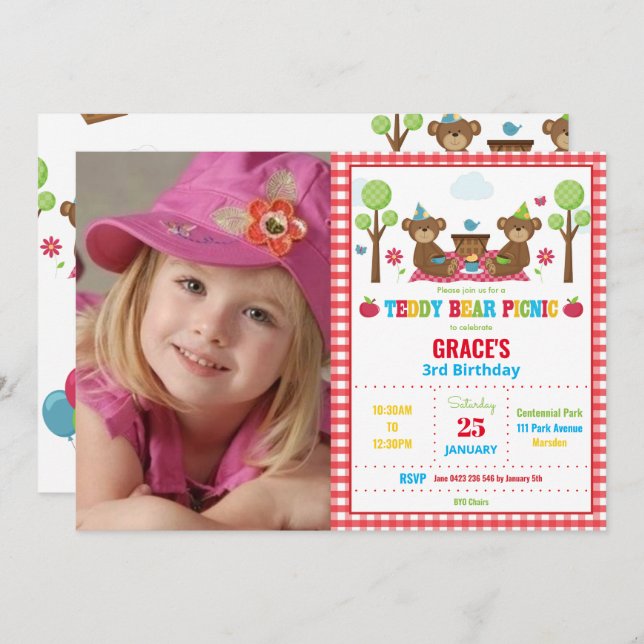 Teddy Bear Picnic 1st Birthday Boy Girl Photo Invitation (Front/Back)