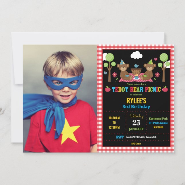 Teddy Bear Picnic 1st Birthday Girl Boy Photo Invitation (Front)