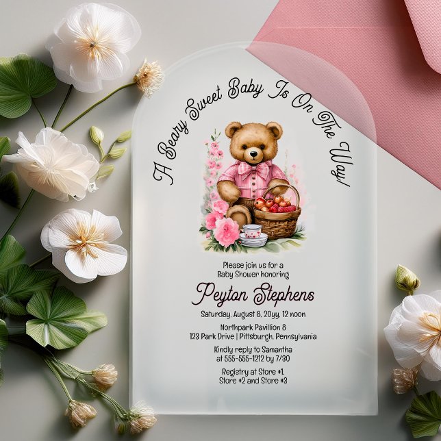 Teddy Bear Picnic Beary Sweet Baby Shower Acrylic Invitations (Teddy Bear Picnic "A Beary Sweet Baby Is On The Way!" Pink Girl Baby Shower Acrylic Invitation)