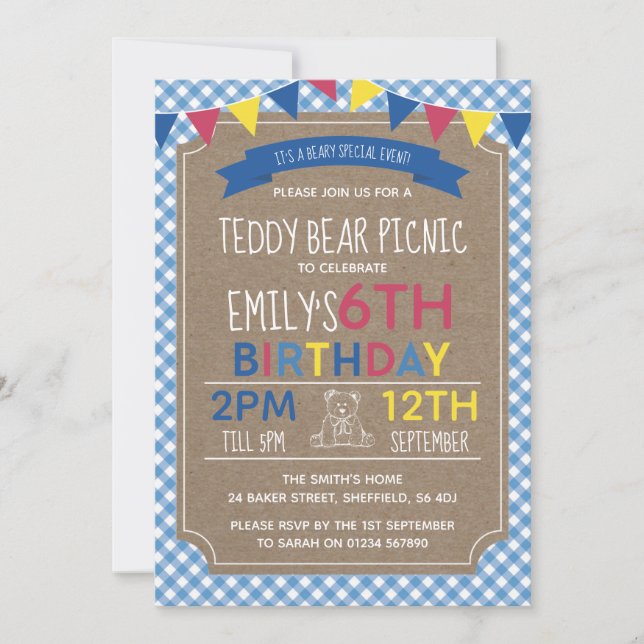 Teddy Bear Picnic birthday party invitation (Front)