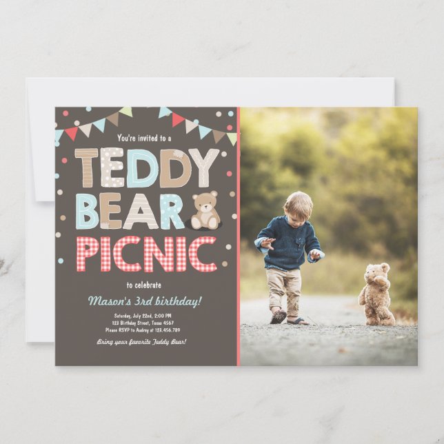 Teddy Bear Picnic Boy birthday Invitation Blue (Front)
