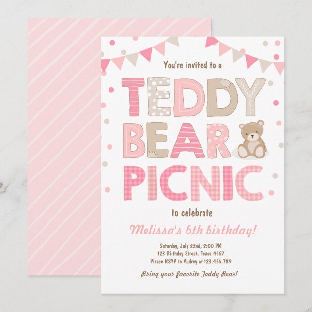 Teddy Bear Picnic Girl birthday Invitation Pink (Front/Back)