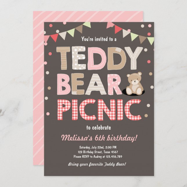 Teddy Bear Picnic Girl birthday Invitation Pink (Front/Back)
