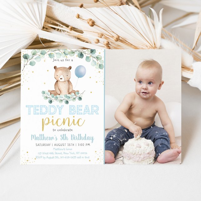 Teddy Bear Picnic Greenery Boy Birthday Invitation (Creator Uploaded)