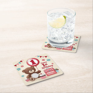 Teddy Bear Picnic Happy 1st Birthday Paper Plate Square Paper Coaster