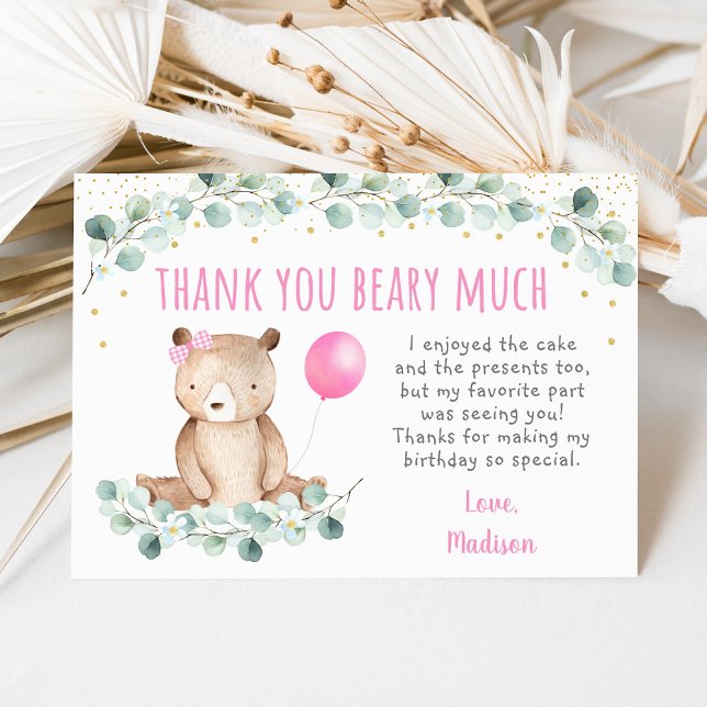 Teddy Bear Picnic Pink Floral Birthday Thank You Invitation (Creator Uploaded)