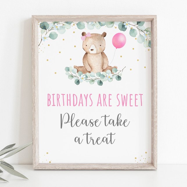 Teddy Bear Picnic Pink Floral Birthday Treat Sign (Creator Uploaded)