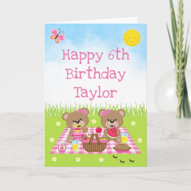 Teddy Bear Picnic Pink Gingham Happy Birthday Card (Front)