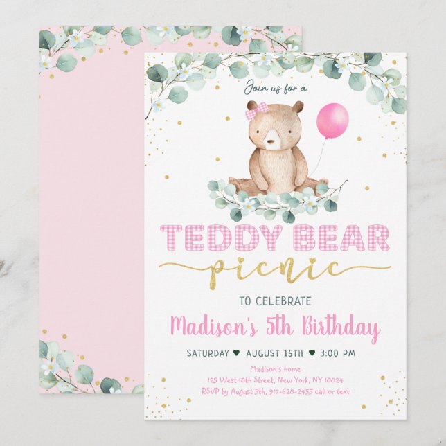 Teddy Bear Picnic Pink Gold Greenery Birthday Invitation (Front/Back)