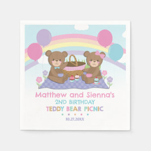 Teddy Bear Picnic Rainbow Twins Boy Girl Birthday Napkin