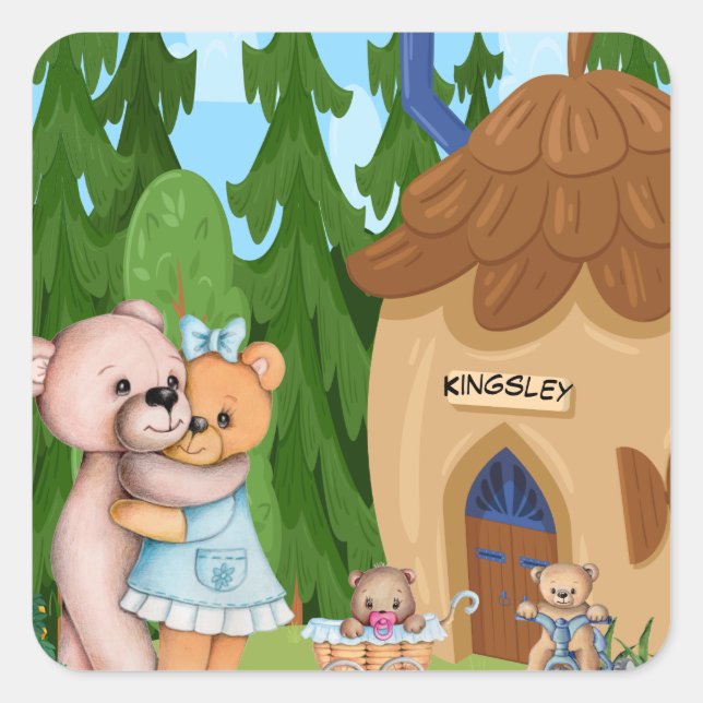 Teddy Bear Picnic Village Personalised Square Sticker (Front)