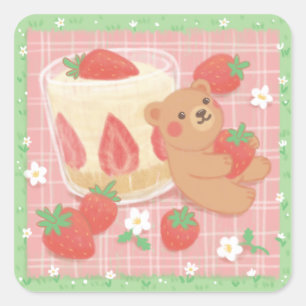 Teddy Bear Picnic with Strawberries Square Sticker