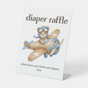 Teddy Bear Pilot Baby Boy Shower Diaper Raffle Pedestal Sign