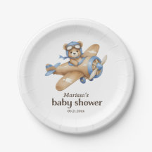 Teddy Bear Pilot Baby Boy Shower Paper Plate