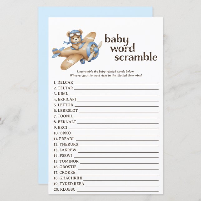 Teddy Bear Pilot Baby Shower Word Scramble Game (Front/Back)