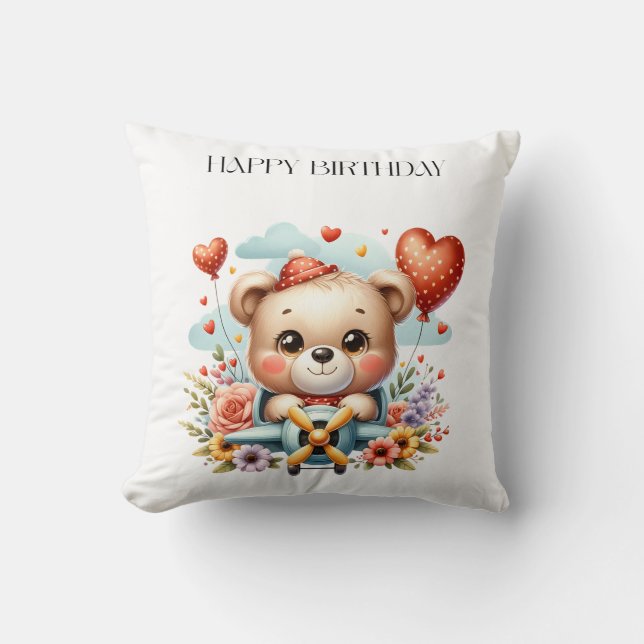 Teddy Bear Pilot Birthday Cushion (Front)