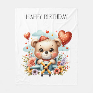 Teddy Bear Pilot Birthday Fleece Blanket