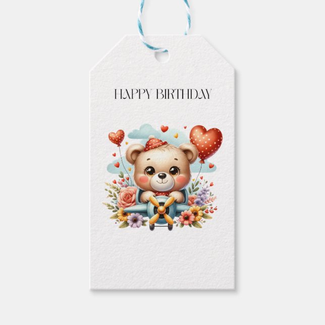 Teddy Bear Pilot Birthday Gift Tags (Front)