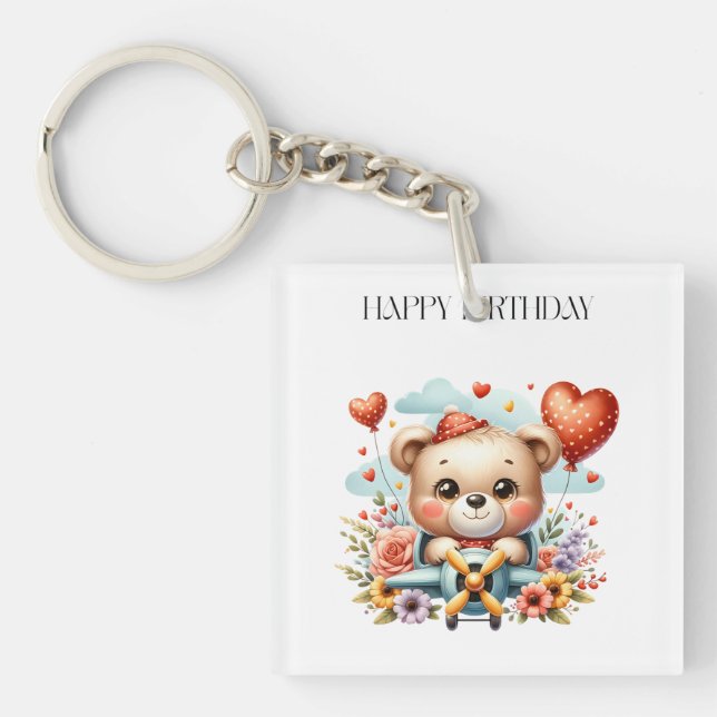 Teddy Bear Pilot Birthday Key Ring (Front)