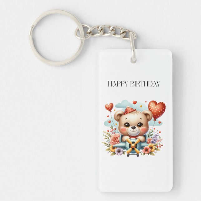 Teddy Bear Pilot Birthday Key Ring (Front)