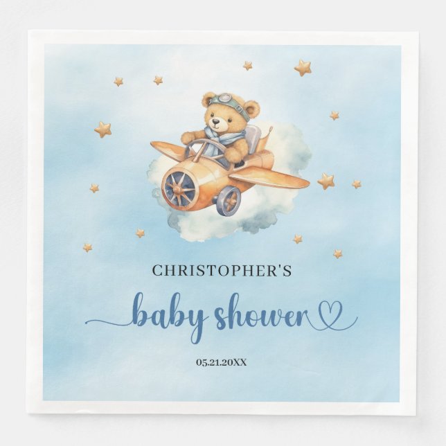 Teddy bear pilot boy baby shower napkin (Front)