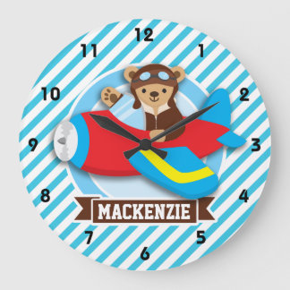 Teddy Bear Pilot in Red Toy Aeroplane; Blue Large Clock