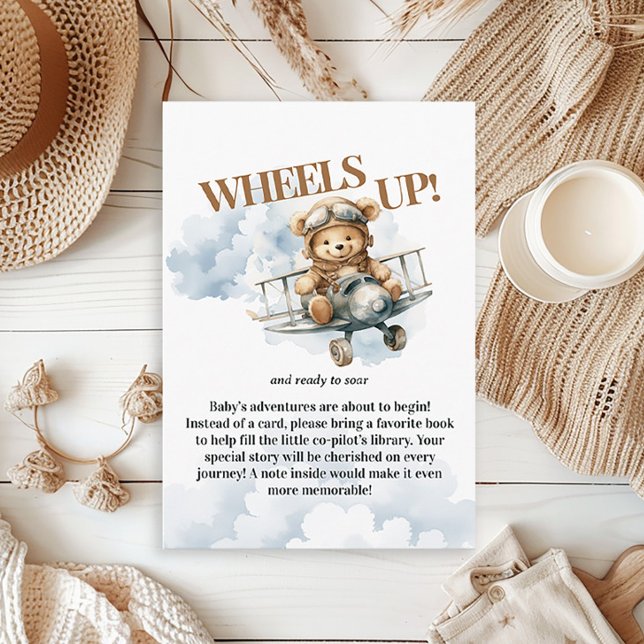 Teddy Bear Pilot on His Way Books for Baby Enclosure Card (A little co-pilot is on the way "Wheels Up" baby shower Books for Baby" enclosure card)