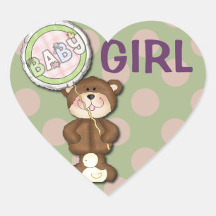 Teddy Bear Pink and Green Heart Sticker