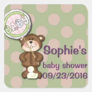 Teddy Bear Pink and Green Square Sticker