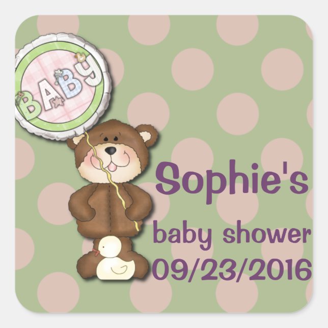 Teddy Bear Pink and Green Square Sticker (Front)