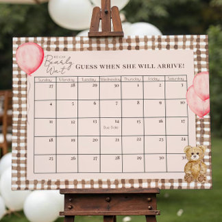 Teddy Bear Pink Baby Shower Due Date Calendar Poster