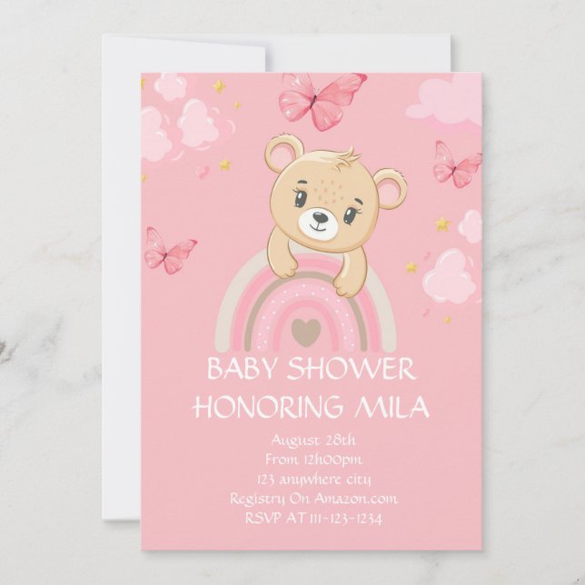 TEDDY BEAR PINK BABY SHOWER INVITATION (Front)