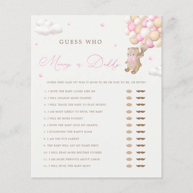 Teddy Bear Pink Baby Shower Mummy or Daddy Game (Front)