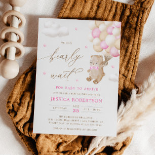 Teddy Bear Pink Ballons Baby Shower Invitation