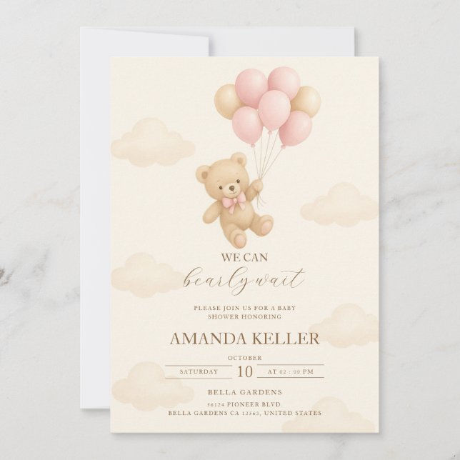 Teddy Bear Pink Balloon Baby Shower Invitation (Front)