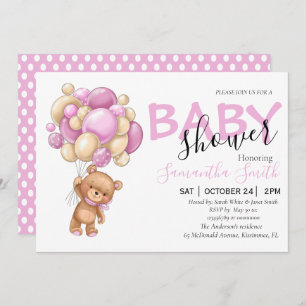 Teddy Bear Pink Balloon Baby Shower Invitations 
