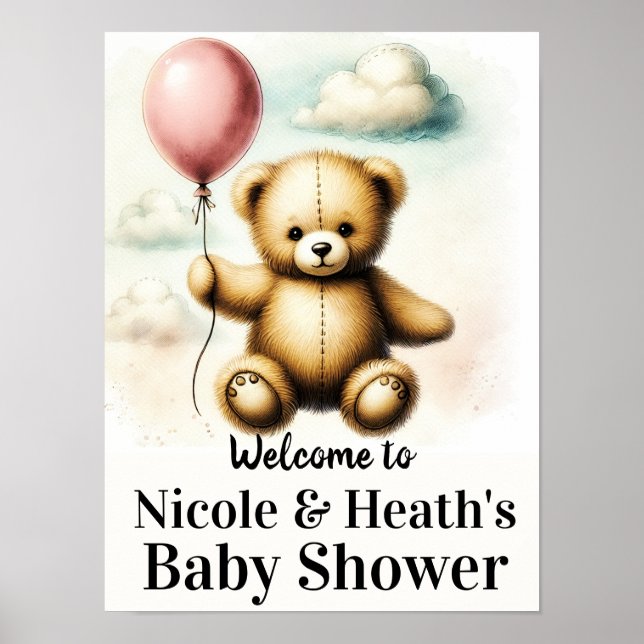 Teddy Bear Pink Balloon Baby Shower Sign (Front)