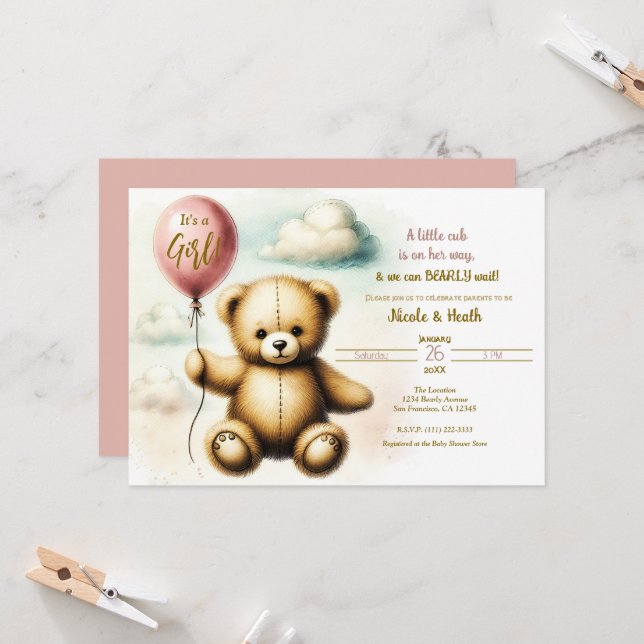 Teddy Bear Pink Balloon Bearly Wait Baby Shower  Invitation (Front/Back In Situ)