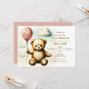 Teddy Bear Pink Balloon Bearly Wait Baby Shower  Invitation
