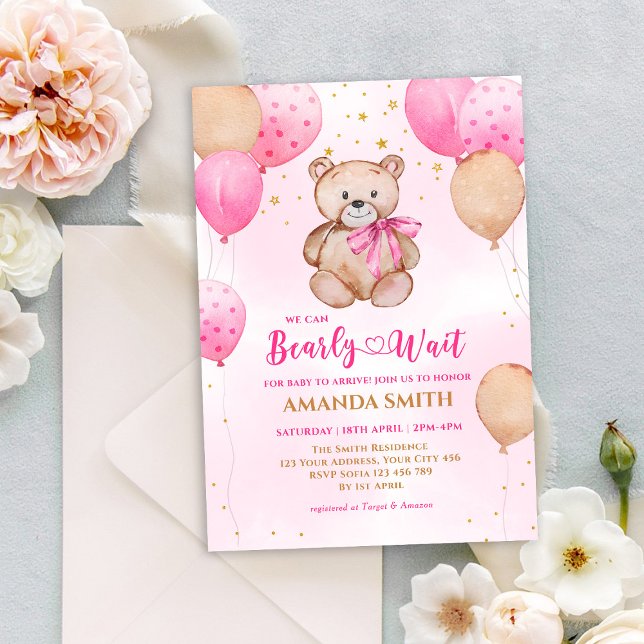 Teddy Bear Pink Balloon Bearly Wait Baby Shower Invitation (Creator Uploaded)